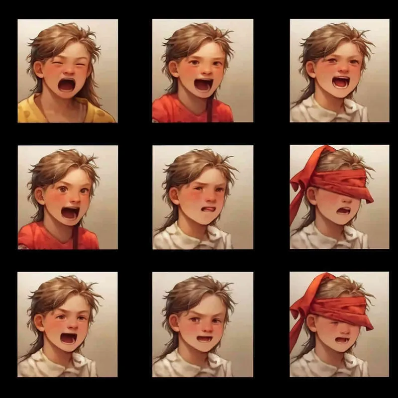 Nine postures and expressions, happy, angry, sad, crying, cute, looking forward, disappointed, surprised, speechless, shy, head close-up, a Q-version ancient costume boy, wearing a light yellow Taoist robe, red headband, long hair half tied, red headband, long hair shawl, figure eight bangs, nine close-up shots of heads of the same size，nine closeups all wearing yellow Taoist clothing， white background, DeI stijil,  vivid illustrations, bold lines and solid colors, simple details, minimalism, line art, sticker art, - s750 niji 5 - style4部分