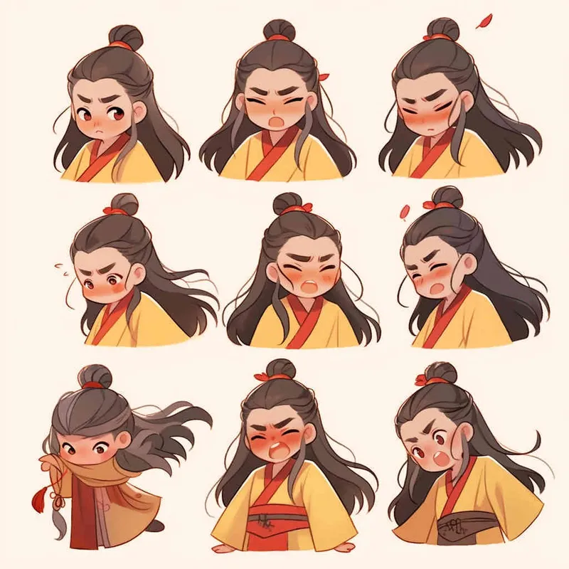 Nine postures and expressions, happy, angry, sad, crying, cute, looking forward, disappointed, surprised, speechless, shy, head close-up, a Q-version ancient costume boy, wearing a light yellow Taoist robe, red headband, long hair half tied, red headband, long hair shawl, figure eight bangs, nine close-up shots of heads of the same size，nine closeups all wearing yellow Taoist clothing， white background, DeI stijil,  vivid illustrations, bold lines and solid colors, simple details, minimalism, line art, sticker art, – s750 niji 5 – AI绘画作品展示 | Midjourney中文版生成