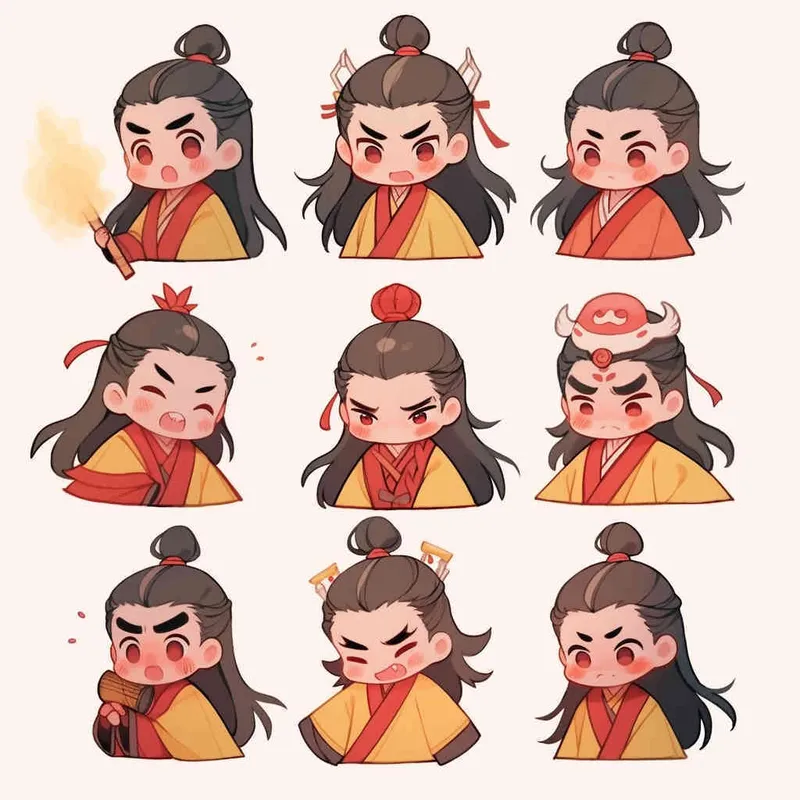 Nine postures and expressions, happy, angry, sad, crying, cute, looking forward, disappointed, surprised, speechless, shy, head close-up, a Q-version ancient costume boy, wearing a light yellow Taoist robe, red headband, long hair half tied, red headband, long hair shawl, figure eight bangs, nine close-up shots of heads of the same size，nine closeups all wearing yellow Taoist clothing， white background, DeI stijil,  vivid illustrations, bold lines and solid colors, simple details, minimalism, line art, sticker art, - s750 niji 5 - style2部分