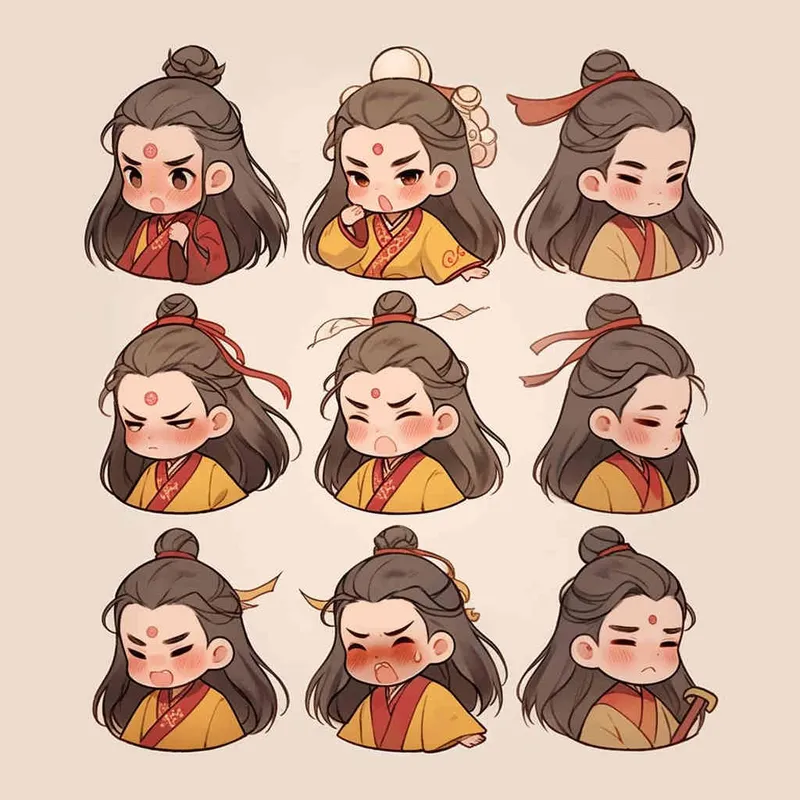Nine postures and expressions, happy, angry, sad, crying, cute, looking forward, disappointed, surprised, speechless, shy, head close-up, a Q-version ancient costume boy, wearing a light yellow Taoist robe, red headband, long hair half tied, red headband, long hair shawl, figure eight bangs, nine close-up shots of heads of the same size，nine closeups all wearing yellow Taoist clothing， white background, DeI stijil,  vivid illustrations, bold lines and solid colors, simple details, minimalism, line art, sticker art, - s750 niji 5 - style3部分