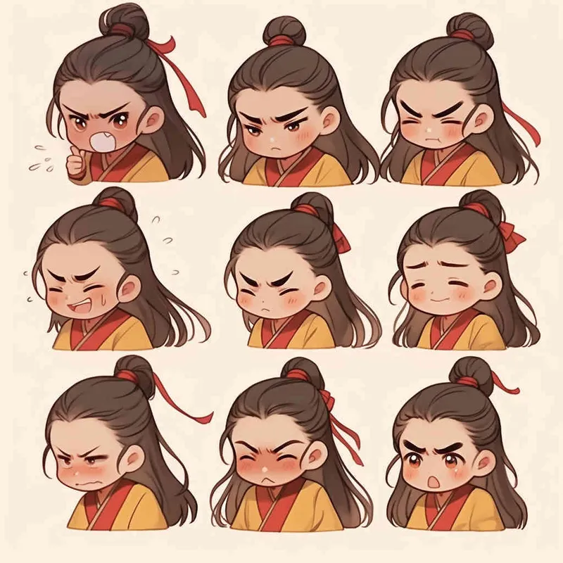 Nine postures and expressions, happy, angry, sad, crying, cute, looking forward, disappointed, surprised, speechless, shy, head close-up, a Q-version ancient costume boy, wearing a light yellow Taoist robe, red headband, long hair half tied, red headband, long hair shawl, figure eight bangs, nine close-up shots of heads of the same size，nine closeups all wearing yellow Taoist clothing， white background, DeI stijil,  vivid illustrations, bold lines and solid colors, simple details, minimalism, line art, sticker art, - s750 niji 5 - style4部分