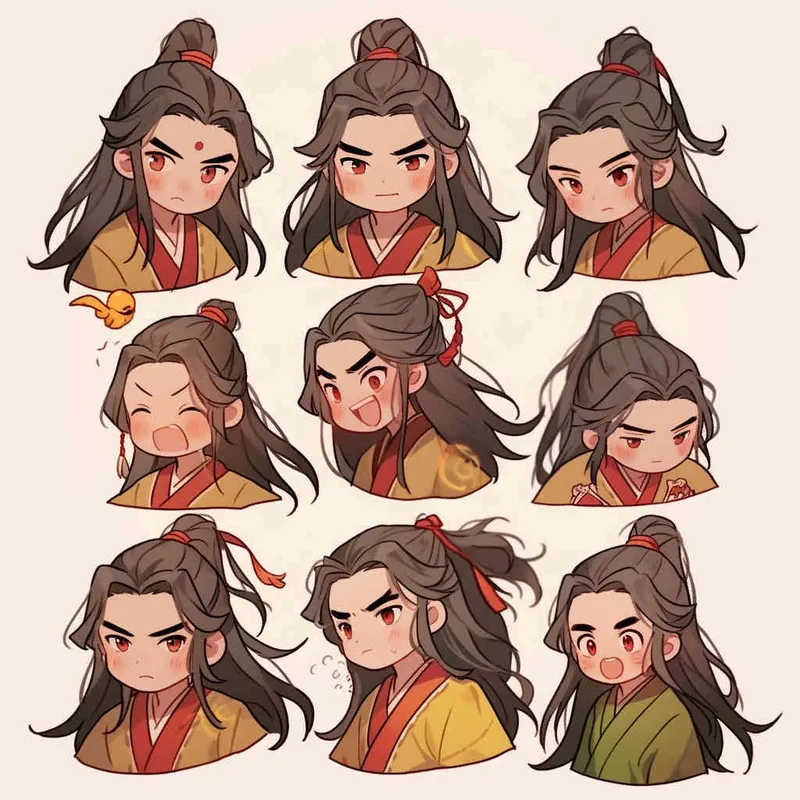 Nine postures and expressions, happy, angry, sad, crying, cute, looking forward, disappointed, surprised, speechless, shy, head close-up, a Q-version ancient costume boy, wearing a light yellow Taoist robe, red headband, long hair half tied, red headband, long hair shawl, figure eight bangs, nine close-up shots of heads of the same size，nine closeups all wearing yellow Taoist clothing， white background, DeI stijil,  vivid illustrations, bold lines and solid colors, simple details, minimalism, line art, sticker art, - s750 niji 5 - style1部分