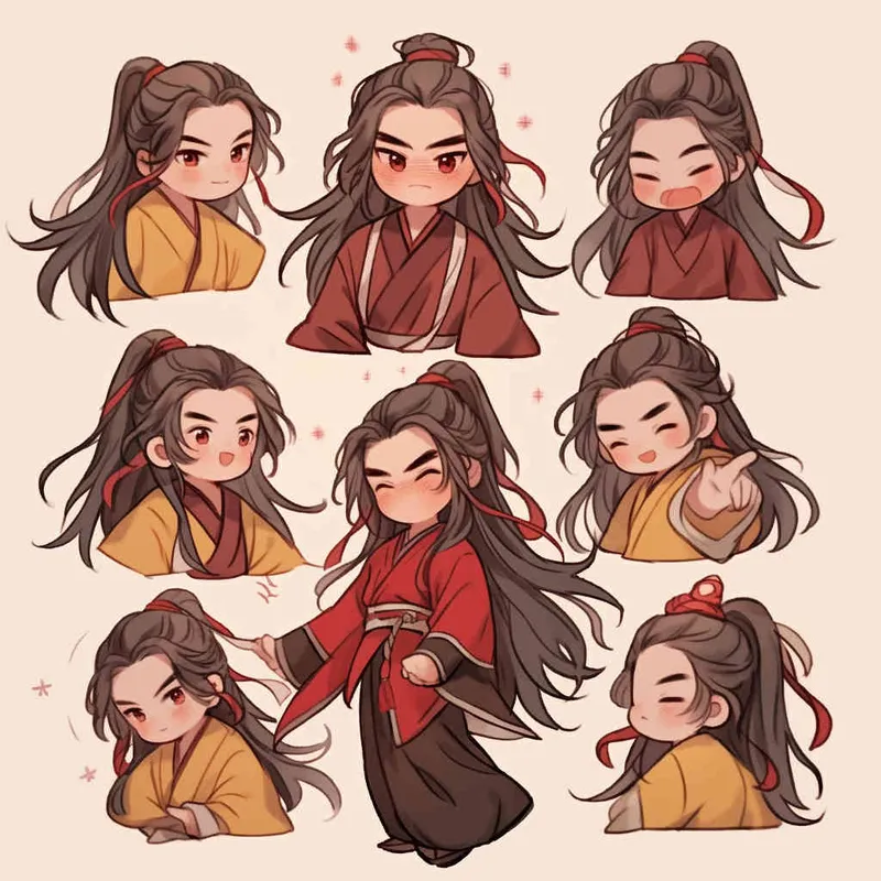Nine postures and expressions, happy, angry, sad, crying, cute, looking forward, disappointed, surprised, speechless, shy, head close-up, a Q-version ancient costume boy, wearing a light yellow Taoist robe, red headband, long hair half tied, red headband, long hair shawl, figure eight bangs, nine close-up shots of heads of the same size，nine closeups all wearing yellow Taoist clothing， white background, DeI stijil,  vivid illustrations, bold lines and solid colors, simple details, minimalism, line art, sticker art, - s750 niji 5 - style2部分