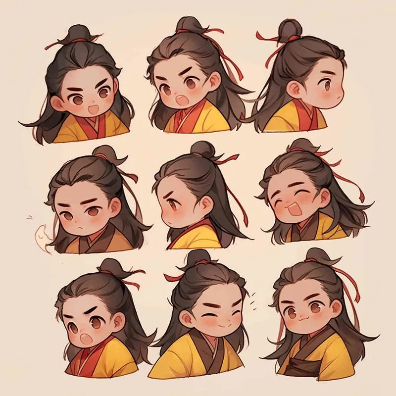 Nine postures and expressions, happy, angry, sad, crying, cute, looking forward, disappointed, surprised, speechless, shy, head close-up, a Q-version ancient costume boy, wearing a light yellow Taoist robe, red headband, long hair half tied, red headband, long hair shawl, figure eight bangs, nine close-up shots of heads of the same size，nine closeups all wearing yellow Taoist clothing， white background, DeI stijil,  vivid illustrations, bold lines and solid colors, simple details, minimalism, line art, sticker art, - s750 niji 5 - style3部分