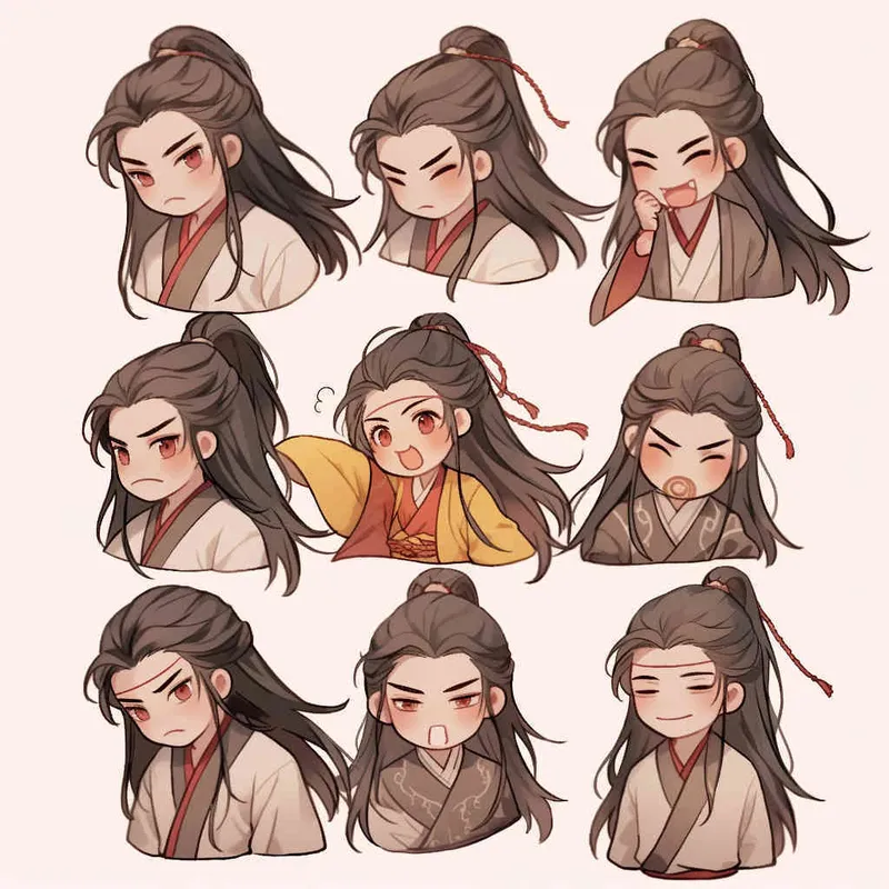 Nine postures and expressions, happy, angry, sad, crying, cute, looking forward, disappointed, surprised, speechless, shy, head close-up, a Q-version ancient costume boy, wearing a light yellow Taoist robe, red headband, long hair half tied, red headband, long hair shawl, figure eight bangs, nine close-up shots of heads of the same size，nine closeups all wearing yellow Taoist clothing， white background, DeI stijil,  vivid illustrations, bold lines and solid colors, simple details, minimalism, line art, sticker art, - s750 niji 5 - style4部分