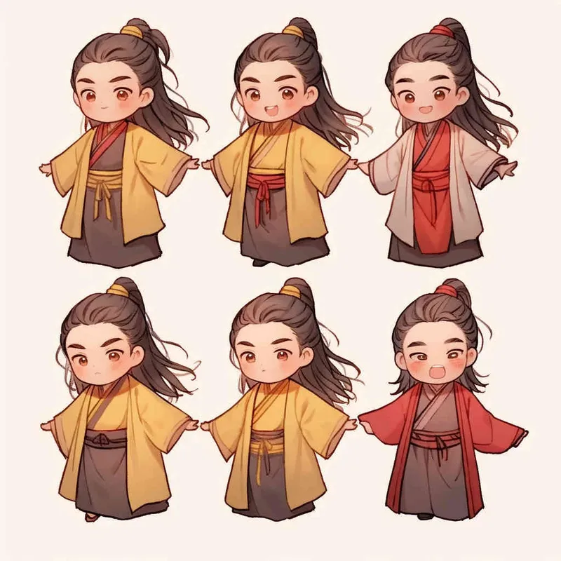 Nine postures and expressions, happy, angry, sad, crying, cute, looking forward, disappointed, surprised, speechless, shy, head close-up, a Q-version ancient costume boy, wearing a light yellow Taoist robe, red headband, long hair half tied, red headband, long hair shawl, figure eight bangs, nine close-up shots of heads of the same size，nine closeups all wearing yellow Taoist clothing， white background, DeI stijil,  vivid illustrations, bold lines and solid colors, simple details, minimalism, line art, sticker art, - s750 niji 5 - style1部分