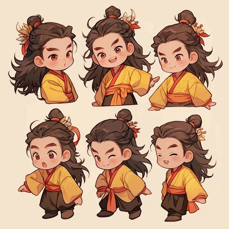 Nine postures and expressions, happy, angry, sad, crying, cute, looking forward, disappointed, surprised, speechless, shy, head close-up, a Q-version ancient costume boy, wearing a light yellow Taoist robe, red headband, long hair half tied, red headband, long hair shawl, figure eight bangs, nine close-up shots of heads of the same size，nine closeups all wearing yellow Taoist clothing， white background, DeI stijil,  vivid illustrations, bold lines and solid colors, simple details, minimalism, line art, sticker art, - s750 niji 5 - style2部分