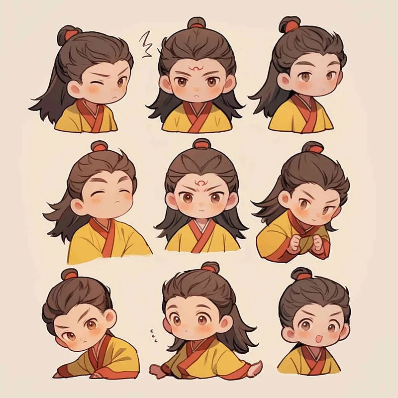 Nine postures and expressions, happy, angry, sad, crying, cute, looking forward, disappointed, surprised, speechless, shy, head close-up, a Q-version ancient costume boy, wearing a light yellow Taoist robe, red headband, long hair half tied, red headband, long hair shawl, figure eight bangs, nine close-up shots of heads of the same size，nine closeups all wearing yellow Taoist clothing， white background, DeI stijil,  vivid illustrations, bold lines and solid colors, simple details, minimalism, line art, sticker art, - s750 niji 5 - style3部分