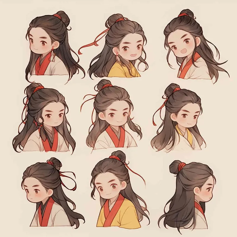 Nine postures and expressions, happy, angry, sad, crying, cute, looking forward, disappointed, surprised, speechless, shy, head close-up, a Q-version ancient costume boy, wearing a light yellow Taoist robe, red headband, long hair half tied, red headband, long hair shawl, figure eight bangs, nine close-up shots of heads of the same size，nine closeups all wearing yellow Taoist clothing， white background, DeI stijil,  vivid illustrations, bold lines and solid colors, simple details, minimalism, line art, sticker art, - s750 niji 5 - style4部分