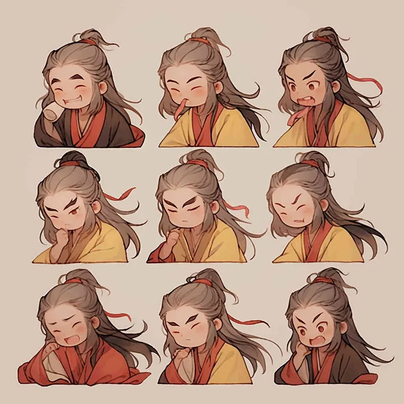 Nine postures and expressions, happy, angry, sad, crying, cute, looking forward, disappointed, surprised, speechless, shy, head close-up, a Q-version ancient costume boy, wearing a light yellow Taoist robe, red headband, long hair half tied, red headband, long hair shawl, figure eight bangs, nine close-up shots of heads of the same size，nine closeups all wearing yellow Taoist clothing， white background, DeI stijil,  vivid illustrations,  - s750 niji 5 - style1部分