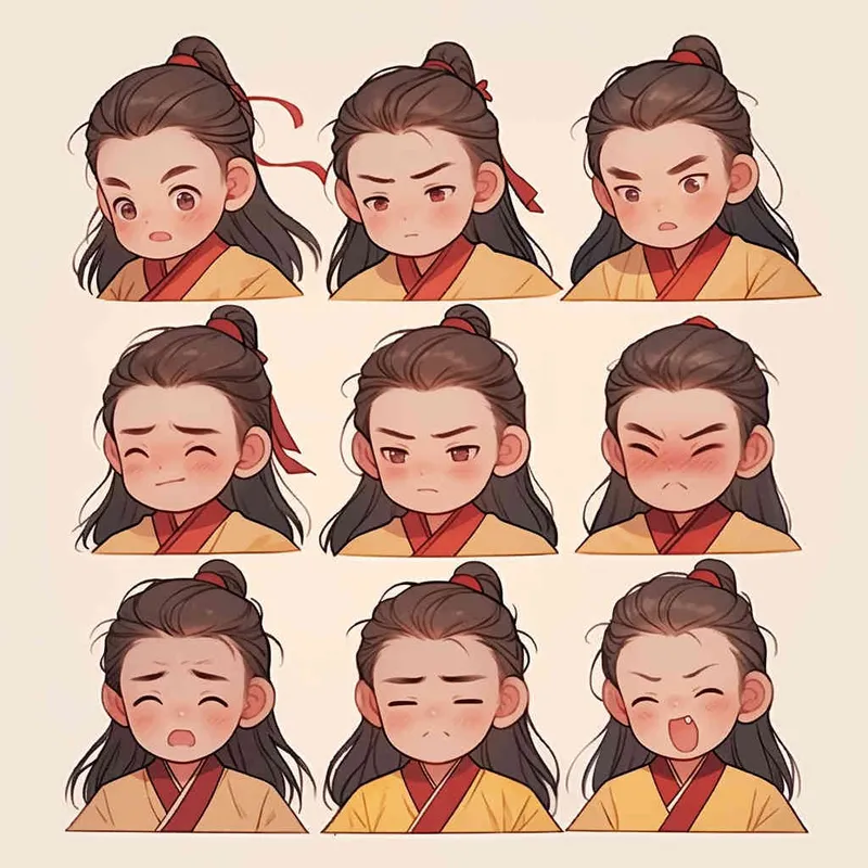 Nine postures and expressions, happy, angry, sad, crying, cute, looking forward, disappointed, surprised, speechless, shy, head close-up, a Q-version ancient costume boy, wearing a light yellow Taoist robe, red headband, long hair half tied, red headband, long hair shawl, figure eight bangs, nine close-up shots of heads of the same size，nine closeups all wearing yellow Taoist clothing， white background, DeI stijil,  vivid illustrations,  - s750 niji 5 - style2部分