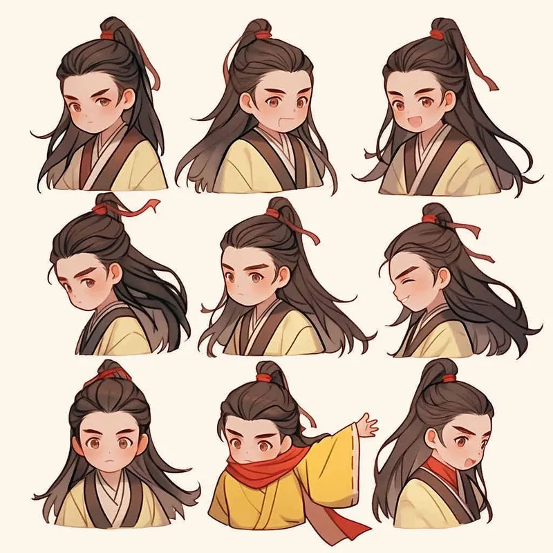 Nine postures and expressions, happy, angry, sad, crying, cute, looking forward, disappointed, surprised, speechless, shy, head close-up, a Q-version ancient costume boy, wearing a light yellow Taoist robe, red headband, long hair half tied, red headband, long hair shawl, figure eight bangs, nine close-up shots of heads of the same size，nine closeups all wearing yellow Taoist clothing， white background, DeI stijil,  vivid illustrations,  - s750 niji 5 - style3部分