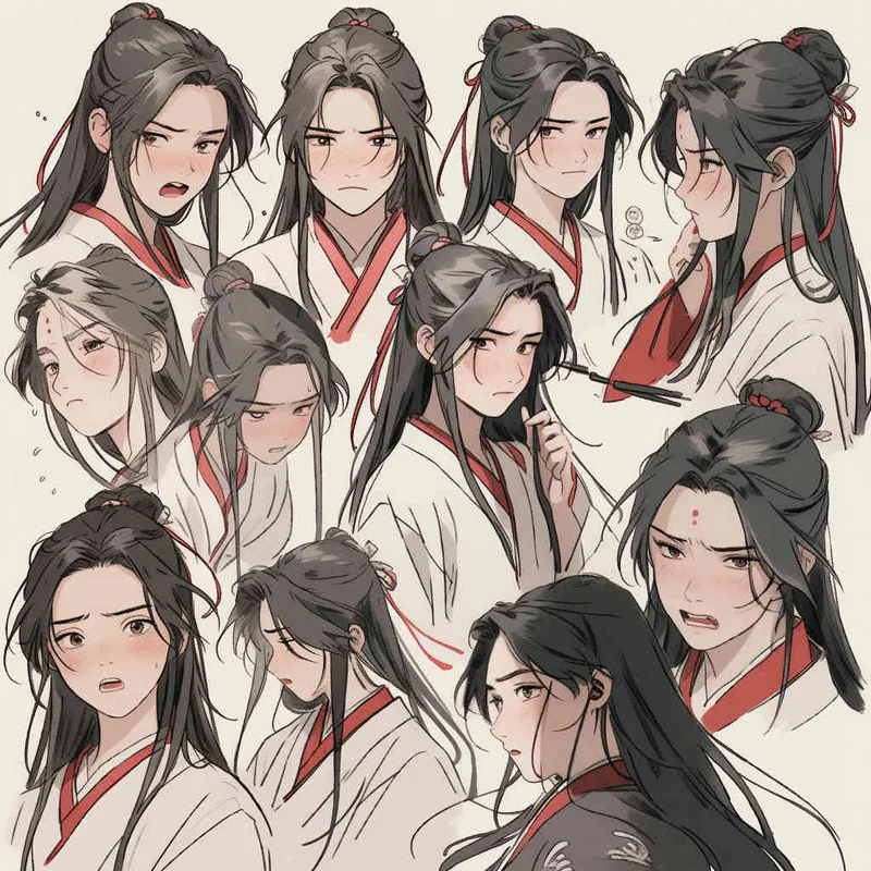 Nine postures and expressions, happy, angry, sad, crying, cute, looking forward, disappointed, surprised, speechless, shy, head close-up, a Q-version ancient costume boy, wearing a light yellow Taoist robe, red headband, long hair half tied, red headband, long hair shawl, figure eight bangs, nine close-up shots of heads of the same size，nine closeups all wearing yellow Taoist clothing， white background, DeI stijil,  vivid illustrations,  - s750 niji 5 - style1部分