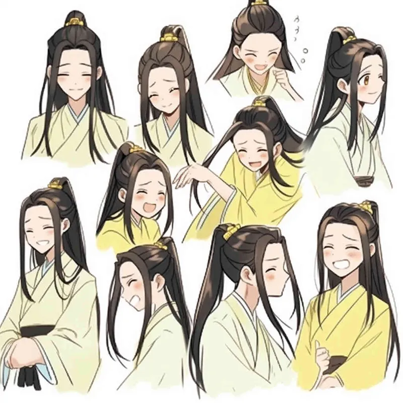 Nine postures and expressions, happy, angry, sad, crying, cute, looking forward, disappointed, surprised, speechless, shy, head close-up, a Q-version ancient costume boy, wearing a light yellow Taoist robe, red headband, long hair half tied, red headband, long hair shawl, figure eight bangs, nine close-up shots of heads of the same size，nine closeups all wearing yellow Taoist clothing， white background, DeI stijil,  vivid illustrations,  - s750 niji 5 - style2部分