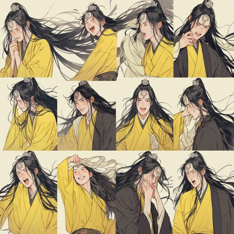 Nine postures and expressions, happy, angry, sad, crying, cute, looking forward, disappointed, surprised, speechless, shy, head close-up, a Q-version ancient costume boy, wearing a light yellow Taoist robe, red headband, long hair half tied, red headband, long hair shawl, figure eight bangs, nine close-up shots of heads of the same size，nine closeups all wearing yellow Taoist clothing， white background, DeI stijil,  vivid illustrations,  - s750 niji 5 - style3部分