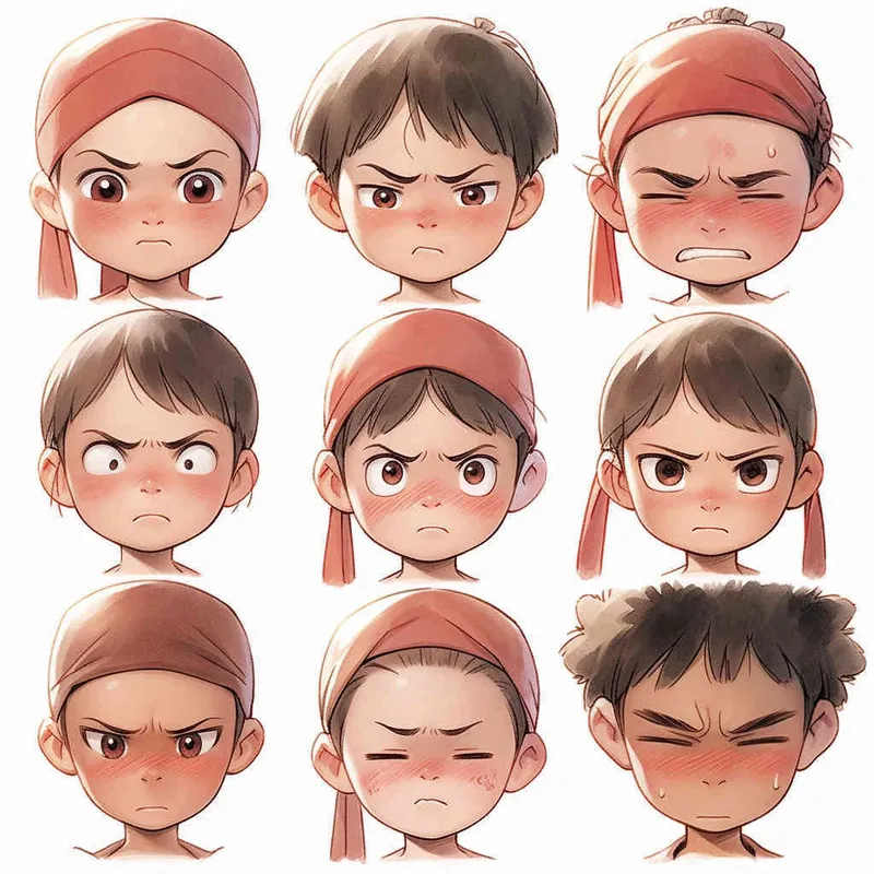 Nine postures and expressions, happy, angry, sad, crying, cute, looking forward, disappointed, surprised, speechless, shy, head close-up, a Q-version ancient costume boy, wearing a light yellow Taoist robe, red headband, long hair half tied, red headband, long hair shawl, figure eight bangs, nine close-up shots of heads of the same size，nine closeups all wearing yellow Taoist clothing， white background, DeI stijil,  vivid illustrations,  - s750 niji 5 - style4部分