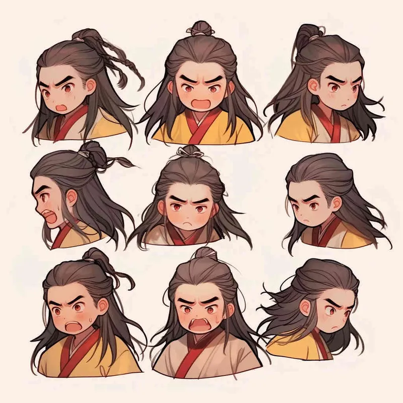 Nine postures and expressions, happy, angry, sad, crying, cute, looking forward, disappointed, surprised, speechless, shy, head close-up, a Q-version ancient costume boy, wearing a light yellow Taoist robe, red headband, long hair half tied, red headband, long hair shawl, figure eight bangs, nine close-up shots of heads of the same size，nine closeups all wearing yellow Taoist clothing， white background, DeI stijil,  vivid illustrations,  - s750 niji 5 - style3部分