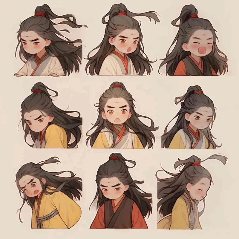 Nine postures and expressions, happy, angry, sad, crying, cute, looking forward, disappointed, surprised, speechless, shy, head close-up, a Q-version ancient costume boy, wearing a light yellow Taoist robe, red headband, long hair half tied, red headband, long hair shawl, figure eight bangs, nine close-up shots of heads of the same size，nine closeups all wearing yellow Taoist clothing， white background, DeI stijil,  vivid illustrations,  - s750 niji 5 - style4部分