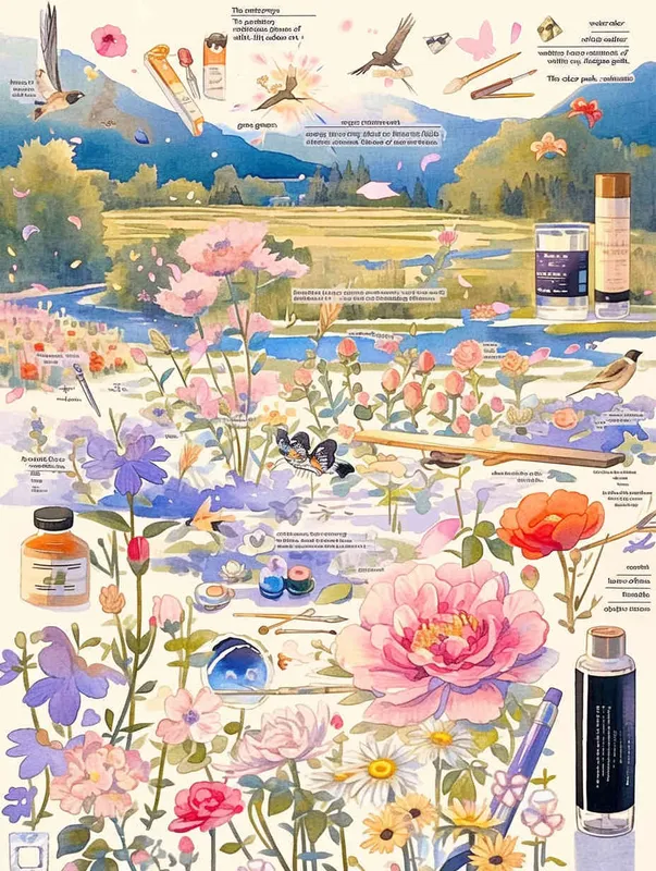 procreate仿水彩风格，质感是水彩画，画风是动画水彩，粉色，浅紫色，草绿色，鹅黄色，天蓝色，大片五颜六色的花田，有各种品种的鲜花盛开，蝴蝶围绕鲜花飞舞，柳树，柳枝随风摇曳，有燕子，风筝，小桥流水，远方有青山绿水，类似宫崎骏的彩色漫画，但是水彩感更明显，画面鲜艳、明亮但柔和，生机勃勃，富有春天的气息 - style1部分