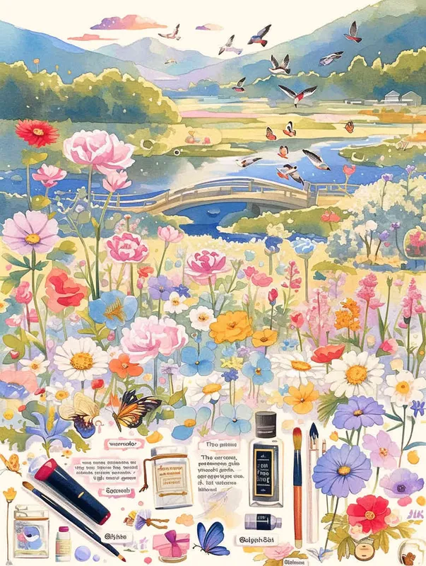 procreate仿水彩风格，质感是水彩画，画风是动画水彩，粉色，浅紫色，草绿色，鹅黄色，天蓝色，大片五颜六色的花田，有各种品种的鲜花盛开，蝴蝶围绕鲜花飞舞，柳树，柳枝随风摇曳，有燕子，风筝，小桥流水，远方有青山绿水，类似宫崎骏的彩色漫画，但是水彩感更明显，画面鲜艳、明亮但柔和，生机勃勃，富有春天的气息 - style2部分