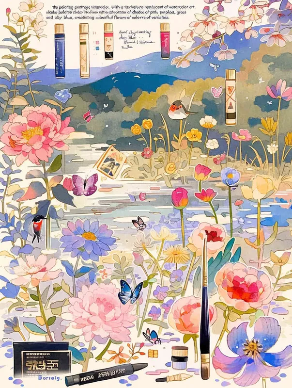procreate仿水彩风格，质感是水彩画，画风是动画水彩，粉色，浅紫色，草绿色，鹅黄色，天蓝色，大片五颜六色的花田，有各种品种的鲜花盛开，蝴蝶围绕鲜花飞舞，柳树，柳枝随风摇曳，有燕子，风筝，小桥流水，远方有青山绿水，类似宫崎骏的彩色漫画，但是水彩感更明显，画面鲜艳、明亮但柔和，生机勃勃，富有春天的气息 - style3部分