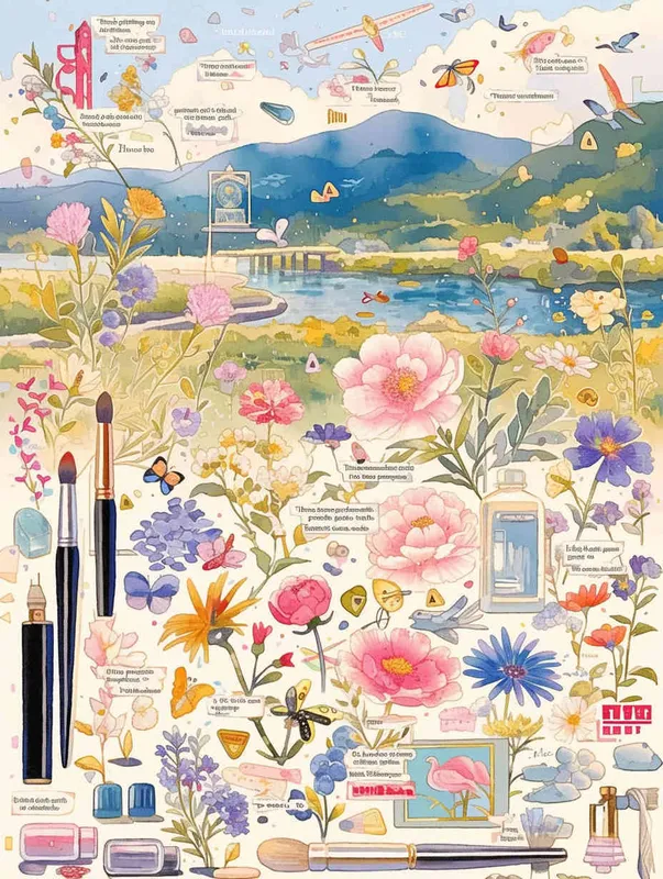 procreate仿水彩风格，质感是水彩画，画风是动画水彩，粉色，浅紫色，草绿色，鹅黄色，天蓝色，大片五颜六色的花田，有各种品种的鲜花盛开，蝴蝶围绕鲜花飞舞，柳树，柳枝随风摇曳，有燕子，风筝，小桥流水，远方有青山绿水，类似宫崎骏的彩色漫画，但是水彩感更明显，画面鲜艳、明亮但柔和，生机勃勃，富有春天的气息 - style4部分