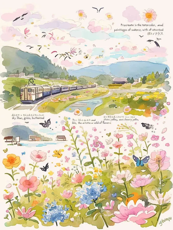 procreate仿水彩风格，质感是水彩画，画风是动画水彩，粉色，浅紫色，草绿色，鹅黄色，天蓝色，大片五颜六色的花田，有各种品种的鲜花盛开，蝴蝶围绕鲜花飞舞，柳树，柳枝随风摇曳，有燕子，风筝，小桥流水，远方有青山绿水，类似宫崎骏的彩色漫画，但是水彩感更明显，画面鲜艳、明亮但柔和，生机勃勃，富有春天的气息  - style1部分