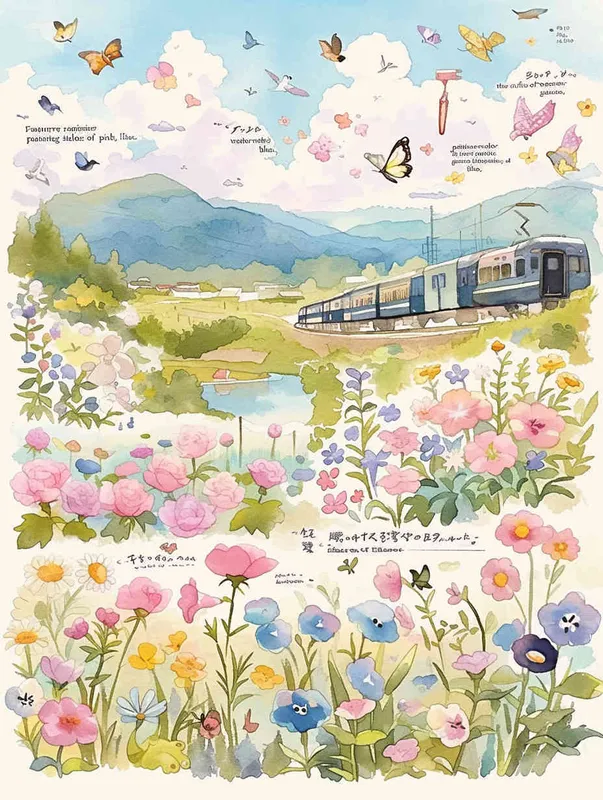 procreate仿水彩风格，质感是水彩画，画风是动画水彩，粉色，浅紫色，草绿色，鹅黄色，天蓝色，大片五颜六色的花田，有各种品种的鲜花盛开，蝴蝶围绕鲜花飞舞，柳树，柳枝随风摇曳，有燕子，风筝，小桥流水，远方有青山绿水，类似宫崎骏的彩色漫画，但是水彩感更明显，画面鲜艳、明亮但柔和，生机勃勃，富有春天的气息  - style2部分