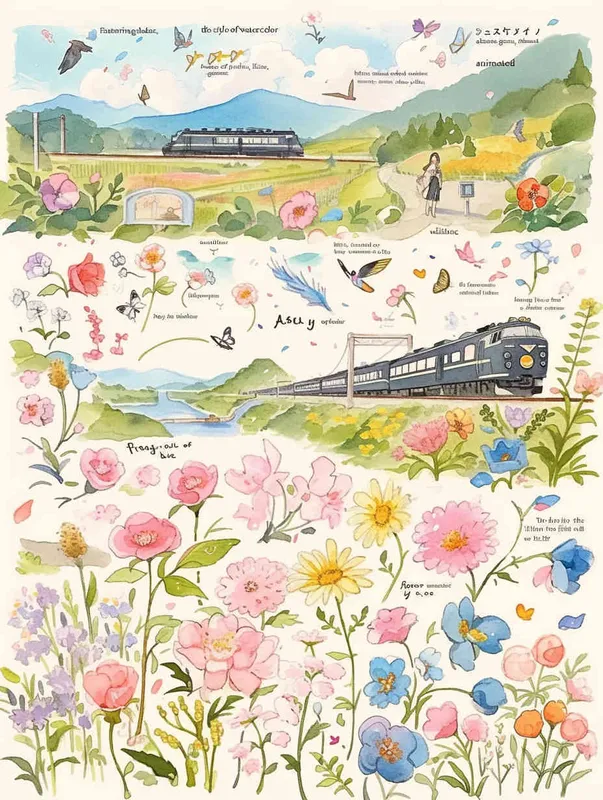 procreate仿水彩风格，质感是水彩画，画风是动画水彩，粉色，浅紫色，草绿色，鹅黄色，天蓝色，大片五颜六色的花田，有各种品种的鲜花盛开，蝴蝶围绕鲜花飞舞，柳树，柳枝随风摇曳，有燕子，风筝，小桥流水，远方有青山绿水，类似宫崎骏的彩色漫画，但是水彩感更明显，画面鲜艳、明亮但柔和，生机勃勃，富有春天的气息  - style3部分