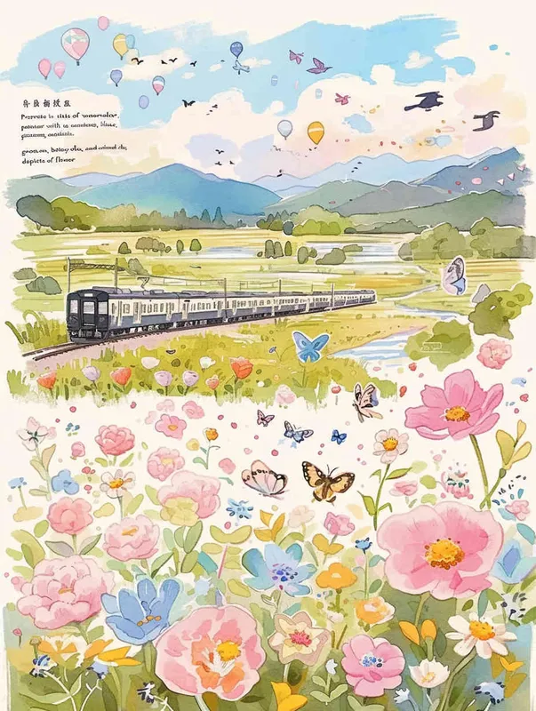 procreate仿水彩风格，质感是水彩画，画风是动画水彩，粉色，浅紫色，草绿色，鹅黄色，天蓝色，大片五颜六色的花田，有各种品种的鲜花盛开，蝴蝶围绕鲜花飞舞，柳树，柳枝随风摇曳，有燕子，风筝，小桥流水，远方有青山绿水，类似宫崎骏的彩色漫画，但是水彩感更明显，画面鲜艳、明亮但柔和，生机勃勃，富有春天的气息  - style4部分
