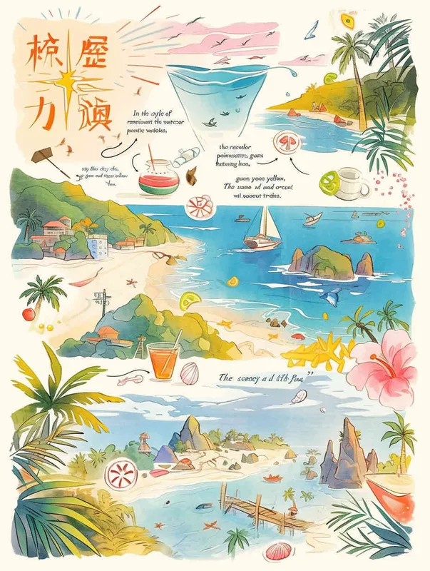 procreate仿水彩风格，质感是水彩画，画风是动画水彩，天蓝色，草绿色，鹅黄色，橘黄色，阳光照耀的沙滩，椰子树，五颜六色的贝壳，珍珠，海浪，冰镇果汁，类似宫崎骏的彩色漫画，但是水彩感更明显，画面鲜艳、明亮但柔和，生机勃勃，富有夏天的气息 - style1部分