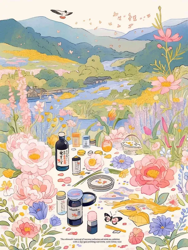 procreate仿水彩风格，质感是水彩画，画风是动画水彩，粉色，浅紫色，草绿色，鹅黄色，天蓝色，大片五颜六色的花田，有各种品种的鲜花盛开，蝴蝶围绕鲜花飞舞，柳树，柳枝随风摇曳，有燕子，风筝，小桥流水，远方有青山绿水，类似宫崎骏的彩色漫画，但是水彩感更明显，画面鲜艳、明亮但柔和，生机勃勃，富有春天的气息 - style1部分
