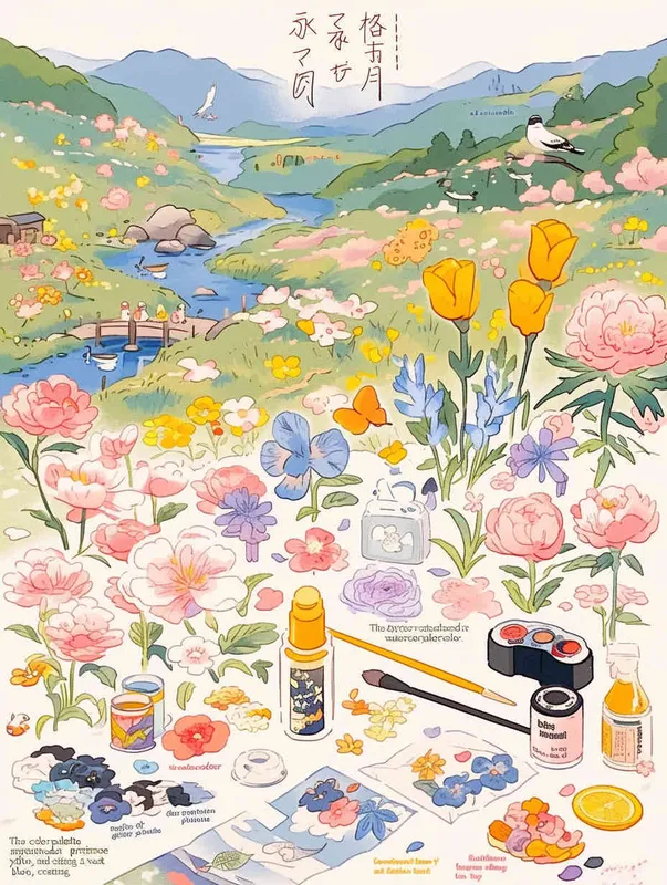 procreate仿水彩风格，质感是水彩画，画风是动画水彩，粉色，浅紫色，草绿色，鹅黄色，天蓝色，大片五颜六色的花田，有各种品种的鲜花盛开，蝴蝶围绕鲜花飞舞，柳树，柳枝随风摇曳，有燕子，风筝，小桥流水，远方有青山绿水，类似宫崎骏的彩色漫画，但是水彩感更明显，画面鲜艳、明亮但柔和，生机勃勃，富有春天的气息 - style2部分