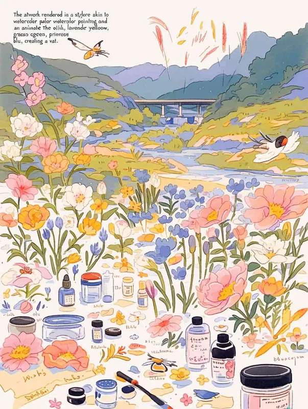 procreate仿水彩风格，质感是水彩画，画风是动画水彩，粉色，浅紫色，草绿色，鹅黄色，天蓝色，大片五颜六色的花田，有各种品种的鲜花盛开，蝴蝶围绕鲜花飞舞，柳树，柳枝随风摇曳，有燕子，风筝，小桥流水，远方有青山绿水，类似宫崎骏的彩色漫画，但是水彩感更明显，画面鲜艳、明亮但柔和，生机勃勃，富有春天的气息 - style3部分