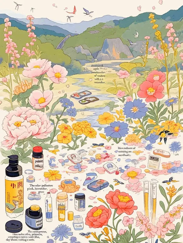 procreate仿水彩风格，质感是水彩画，画风是动画水彩，粉色，浅紫色，草绿色，鹅黄色，天蓝色，大片五颜六色的花田，有各种品种的鲜花盛开，蝴蝶围绕鲜花飞舞，柳树，柳枝随风摇曳，有燕子，风筝，小桥流水，远方有青山绿水，类似宫崎骏的彩色漫画，但是水彩感更明显，画面鲜艳、明亮但柔和，生机勃勃，富有春天的气息 - style4部分