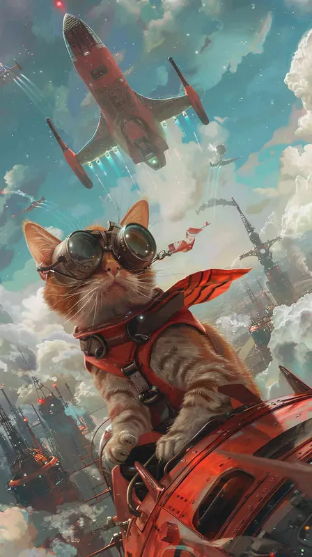可爱的猫，在未来的世界，飞行员，背景科幻
 – AI绘画作品展示 | Midjourney中文版生成