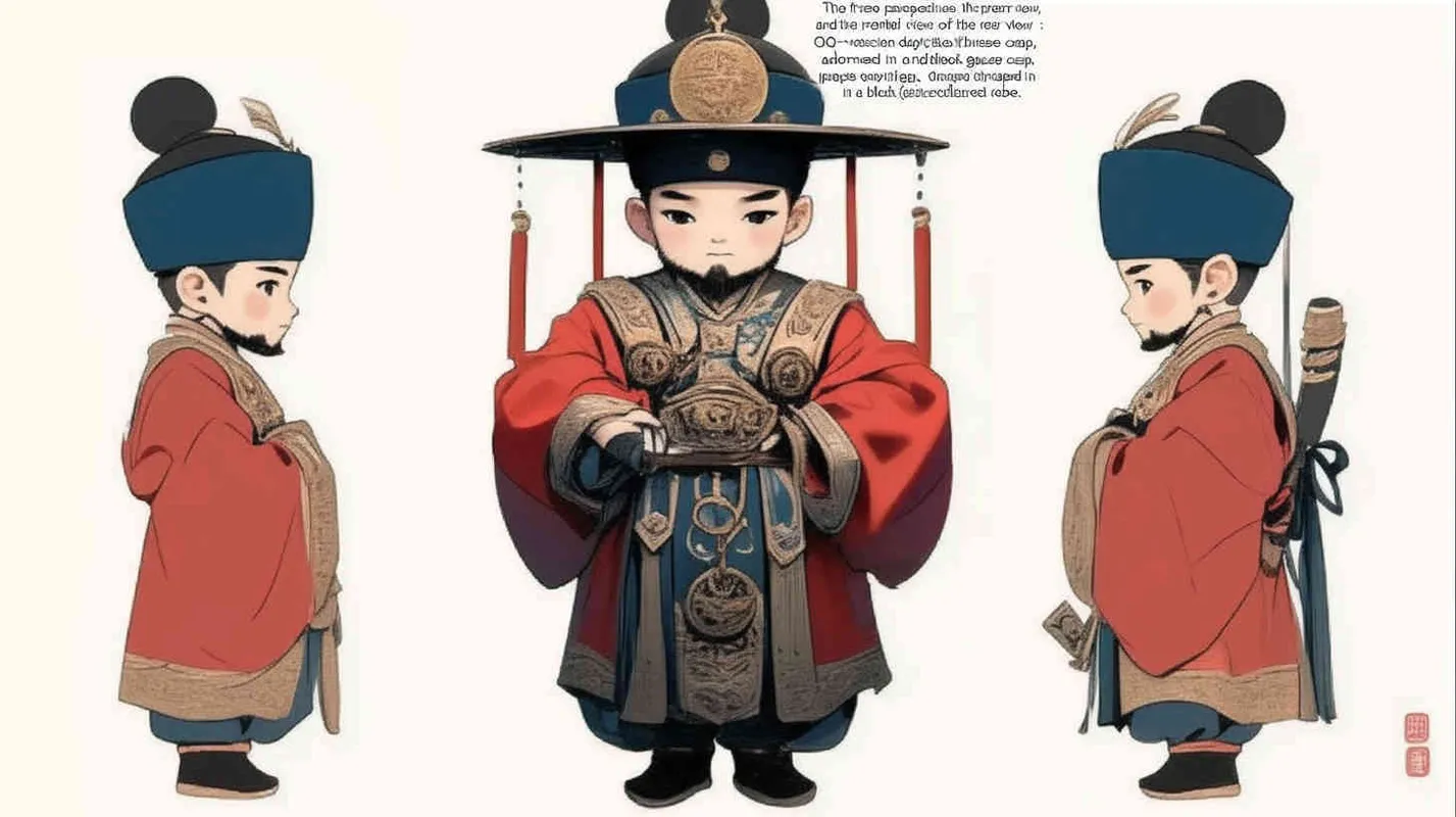 Three views , namely the front view , the side view and the back view，and full body, a Q version of a Chinese Ming Dynasty official, wearing a  black gauze cap, a red round necked robe, holding a wat board, wearing black cloth shoes, and having a beard，three  views,  front, side,  back， DeI stijil,chibi style,  OC setting, Q-version art style, white background,  ancient style IP design,  best quality, using the Niji v6 version, size must be horizontal version，Three perspectives on the same horizontal line ，4k, super detail , front view -- Niji v6- style 150-- ar 16:9 -- style raw - style1部分