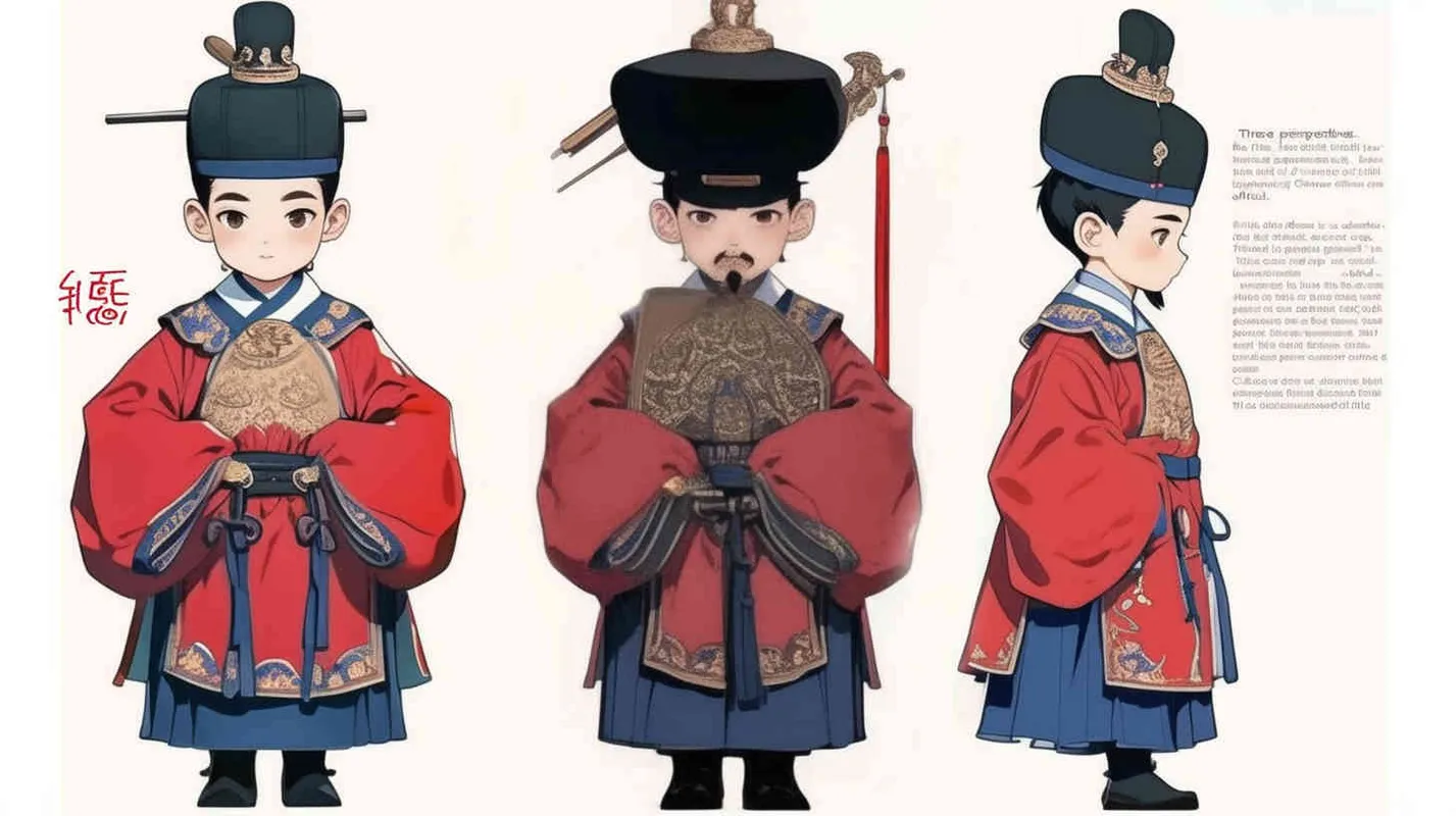 Three views , namely the front view , the side view and the back view，and full body, a Q version of a Chinese Ming Dynasty official, wearing a  black gauze cap, a red round necked robe, holding a wat board, wearing black cloth shoes, and having a beard，three  views,  front, side,  back， DeI stijil,chibi style,  OC setting, Q-version art style, white background,  ancient style IP design,  best quality, using the Niji v6 version, size must be horizontal version，Three perspectives on the same horizontal line ，4k, super detail , front view -- Niji v6- style 150-- ar 16:9 -- style raw - style2部分