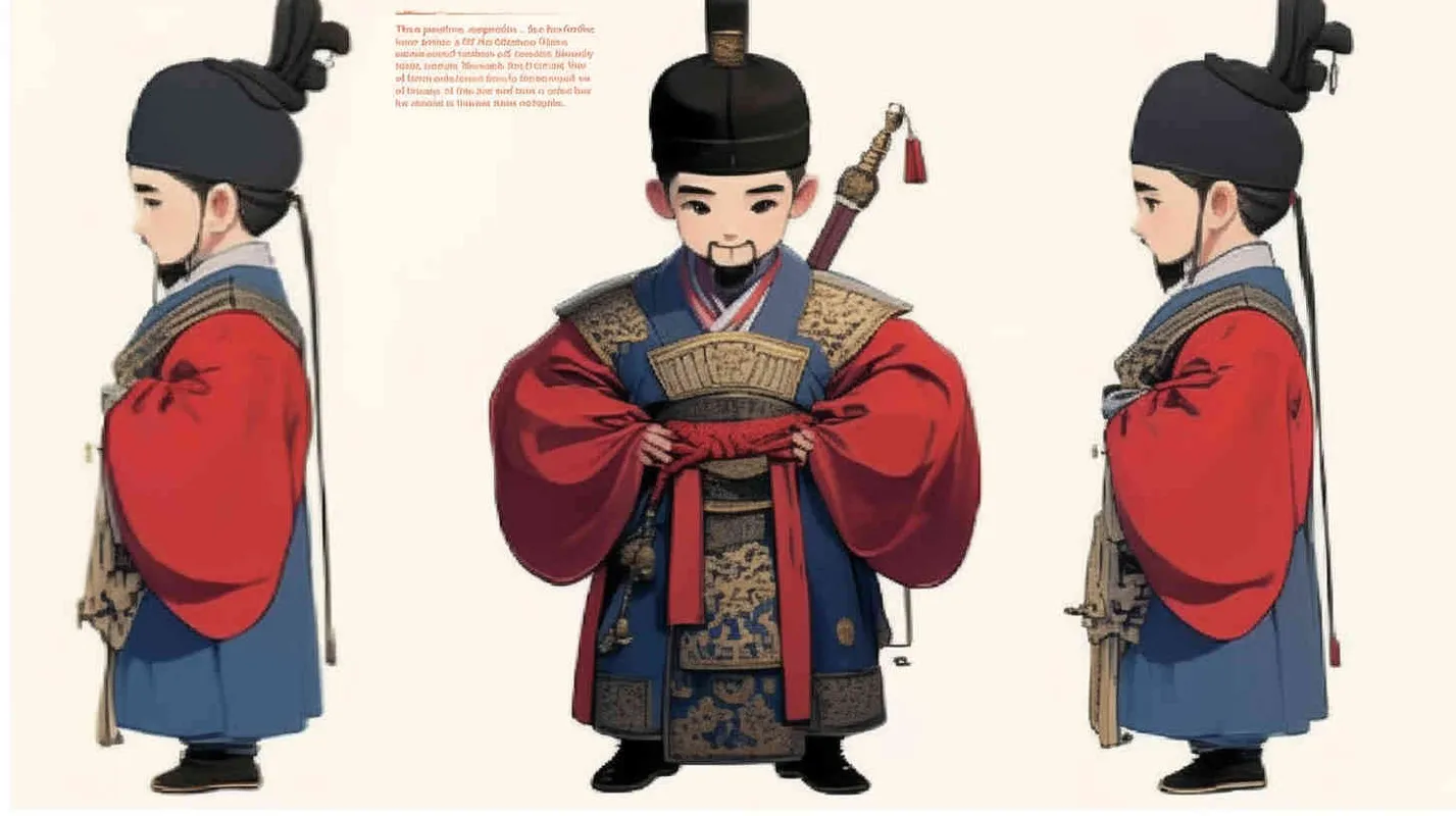 Three views , namely the front view , the side view and the back view，and full body, a Q version of a Chinese Ming Dynasty official, wearing a  black gauze cap, a red round necked robe, holding a wat board, wearing black cloth shoes, and having a beard，three  views,  front, side,  back， DeI stijil,chibi style,  OC setting, Q-version art style, white background,  ancient style IP design,  best quality, using the Niji v6 version, size must be horizontal version，Three perspectives on the same horizontal line ，4k, super detail , front view -- Niji v6- style 150-- ar 16:9 -- style raw - style3部分
