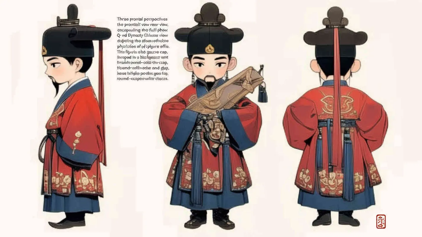 Three views , namely the front view , the side view and the back view，and full body, a Q version of a Chinese Ming Dynasty official, wearing a  black gauze cap, a red round necked robe, holding a wat board, wearing black cloth shoes, and having a beard，three  views,  front, side,  back， DeI stijil,chibi style,  OC setting, Q-version art style, white background,  ancient style IP design,  best quality, using the Niji v6 version, size must be horizontal version，Three perspectives on the same horizontal line ，4k, super detail , front view -- Niji v6- style 150-- ar 16:9 -- style raw - style4部分