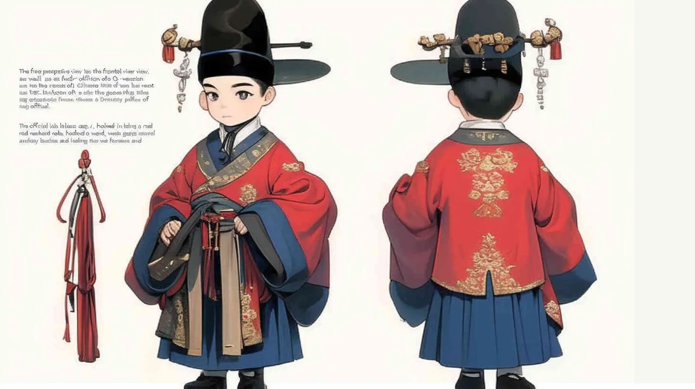 Three views , namely the front view , the side view and the back view，and full body, a Q version of a Chinese Ming Dynasty official, wearing a  black gauze cap, a red round necked robe, holding a wat board, wearing black cloth shoes, and having a beard，three  views,  front, side,  back， DeI stijil,chibi style,  OC setting, Q-version art style, white background,  ancient style IP design,  best quality, using the Niji v6 version, size must be horizontal version，Three perspectives on the same horizontal line ，4k, super detail , front view -- Niji v6- style 150-- ar 3:2-- style raw - style1部分
