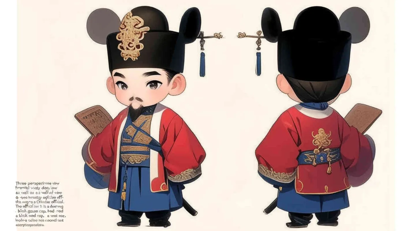 Three views , namely the front view , the side view and the back view，and full body, a Q version of a Chinese Ming Dynasty official, wearing a  black gauze cap, a red round necked robe, holding a wat board, wearing black cloth shoes, and having a beard，three  views,  front, side,  back， DeI stijil,chibi style,  OC setting, Q-version art style, white background,  ancient style IP design,  best quality, using the Niji v6 version, size must be horizontal version，Three perspectives on the same horizontal line ，4k, super detail , front view -- Niji v6- style 150-- ar 3:2-- style raw - style2部分