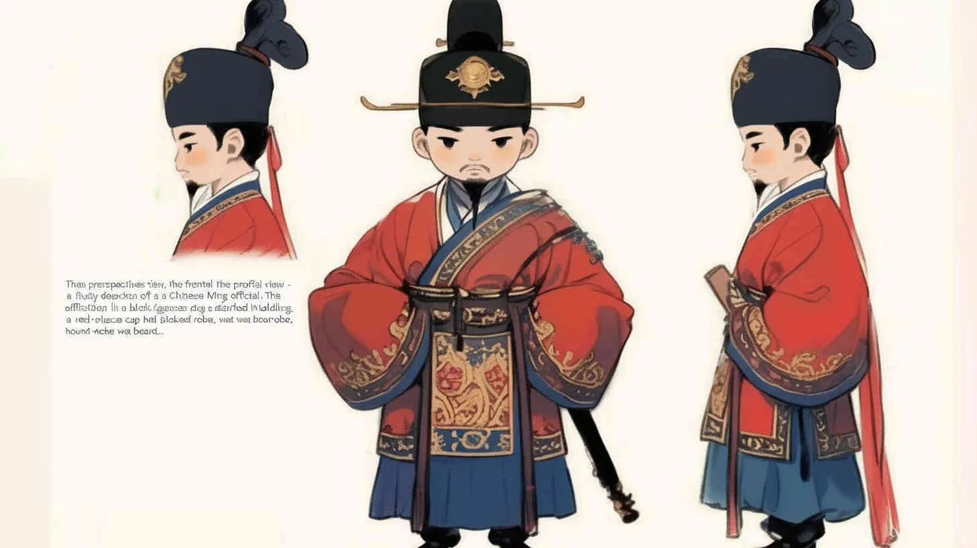 Three views , namely the front view , the side view and the back view，and full body, a Q version of a Chinese Ming Dynasty official, wearing a  black gauze cap, a red round necked robe, holding a wat board, wearing black cloth shoes, and having a beard，three  views,  front, side,  back， DeI stijil,chibi style,  OC setting, Q-version art style, white background,  ancient style IP design,  best quality, using the Niji v6 version, size must be horizontal version，Three perspectives on the same horizontal line ，4k, super detail , front view -- Niji v6- style 150-- ar 3:2-- style raw - style4部分