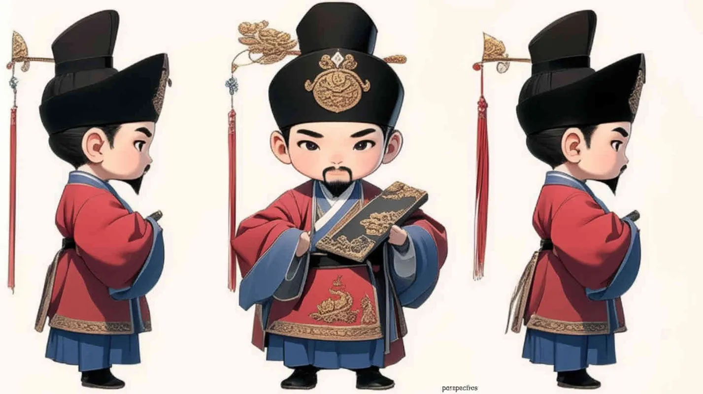 三视图，正面视图、侧面视图和背面视图，全身，一个中国明代官员的Q版，头戴乌纱帽，身穿红色圆领长袍，手执笏板，脚穿黑色布鞋，蓄有胡须，正面，侧面，背面，DeI风格，赤壁风格，OC设定，Q版，白色背景，古风IP设计，品质最佳，采用Niji v6版本，尺寸必须为横版，同一横线上的三个视角，4k，超细节，正面视角-Niji v6-风格150，ar 16：9，原始风格 - style2部分