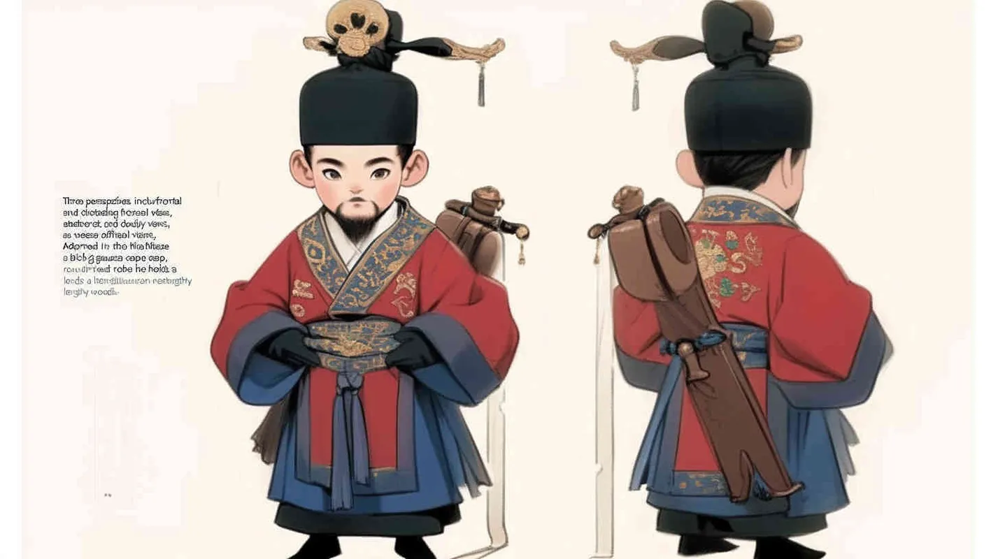 Three views , namely the front view , the side view and the back view，and full body, a Q version of a Chinese Ming Dynasty official, wearing a  black gauze cap, a red round necked robe, holding a  long wooden board in hand， wearing black cloth shoes, and having a beard，three  views,  front, side,  back， DeI stijil,chibi style,  OC setting, Q-version art style, white background,  ancient style IP design,  best quality, using the Niji v6 version, size must be horizontal version，Three perspectives on the same horizontal line ，4k, super detail , front view -- Niji v6- style 150-- ar 3:2-- style raw - style1部分