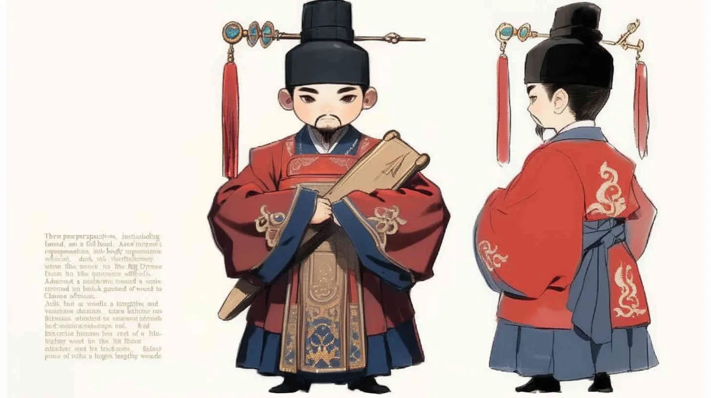 Three views , namely the front view , the side view and the back view，and full body, a Q version of a Chinese Ming Dynasty official, wearing a  black gauze cap, a red round necked robe, holding a  long wooden board in hand， wearing black cloth shoes, and having a beard，three  views,  front, side,  back， DeI stijil,chibi style,  OC setting, Q-version art style, white background,  ancient style IP design,  best quality, using the Niji v6 version, size must be horizontal version，Three perspectives on the same horizontal line ，4k, super detail , front view -- Niji v6- style 150-- ar 3:2-- style raw - style2部分