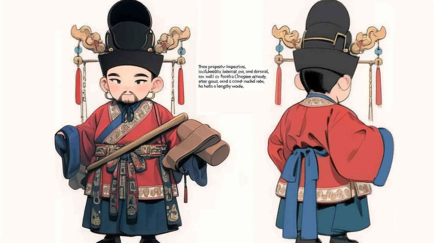 Three views , namely the front view , the side view and the back view，and full body, a Q version of a Chinese Ming Dynasty official, wearing a  black gauze cap, a red round necked robe, holding a  long wooden board in hand， wearing black cloth shoes, and having a beard，three  views,  front, side,  back， DeI stijil,chibi style,  OC setting, Q-version art style, white background,  ancient style IP design,  best quality, using the Niji v6 version, size must be horizontal version，Three perspectives on the same horizontal line ，4k, super detail , front view -- Niji v6- style 150-- ar 3:2-- style raw - style4部分