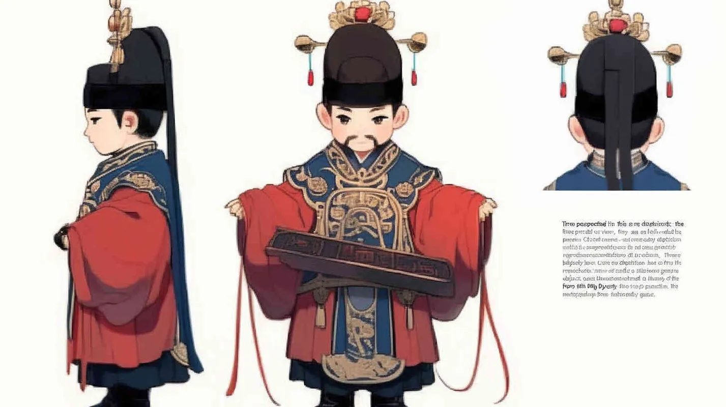 Three views , namely the front view , the side view and the back view，and full body, a Q version of a Chinese Ming Dynasty official, wearing a  black gauze cap, a red round necked robe, holding a  long wooden board in hand， wearing black cloth shoes, and having a beard，three  views,  front, side,  back， DeI stijil,chibi style,  OC setting, Q-version art style, white background,  ancient style IP design,  best quality, using the Niji v6 version, size must be horizontal version，Three perspectives on the same horizontal line ，4k, super detail , front view -- Niji v6- style 150-- ar 3:2-- style raw - style1部分