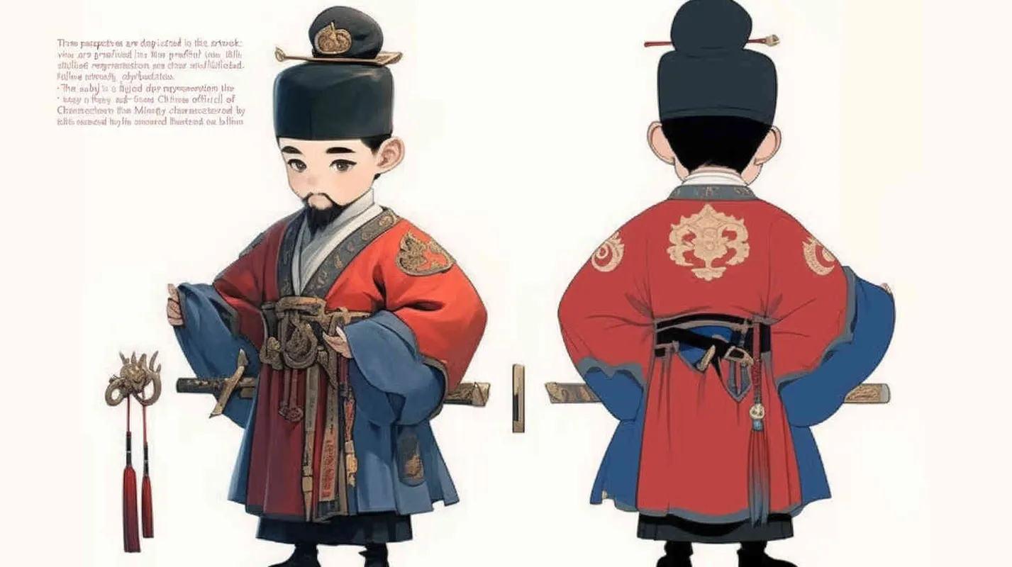 Three views , namely the front view , the side view and the back view，and full body, a Q version of a Chinese Ming Dynasty official, wearing a  black gauze cap, a red round necked robe, holding a  long wooden board in hand， wearing black cloth shoes, and having a beard，three  views,  front, side,  back， DeI stijil,chibi style,  OC setting, Q-version art style, white background,  ancient style IP design,  best quality, using the Niji v6 version, size must be horizontal version，Three perspectives on the same horizontal line ，4k, super detail , front view -- Niji v6- style 150-- ar 3:2-- style raw - style2部分