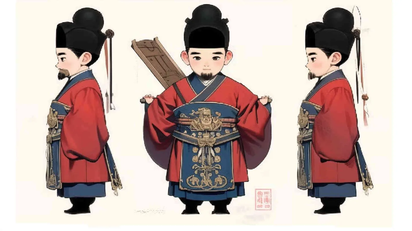 Three views , namely the front view , the side view and the back view，and full body, a Q version of a Chinese Ming Dynasty official, wearing a  black gauze cap, a red round necked robe, holding a  long wooden board in hand， wearing black cloth shoes, and having a beard，three  views,  front, side,  back， DeI stijil,chibi style,  OC setting, Q-version art style, white background,  ancient style IP design,  best quality, using the Niji v6 version, size must be horizontal version，Three perspectives on the same horizontal line ，4k, super detail , front view -- Niji v6- style 150-- ar 3:2-- style raw - style3部分